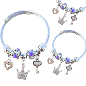 Beaded Bracelet with Heart and Crown Charms for Girls