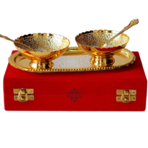 Silver Plated Gold Polished Tray Set with 2 Bowls and 2 Spoons